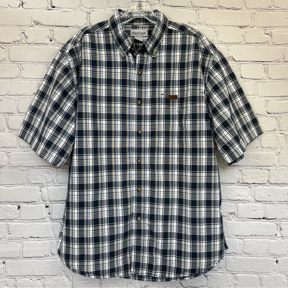 Carhartt S185 Short Sleeve Button Up Plaid Shirt Navy Blue Sz L